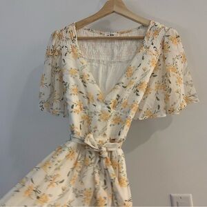 Elegant Floral Midi Dress in Cream and Yellow